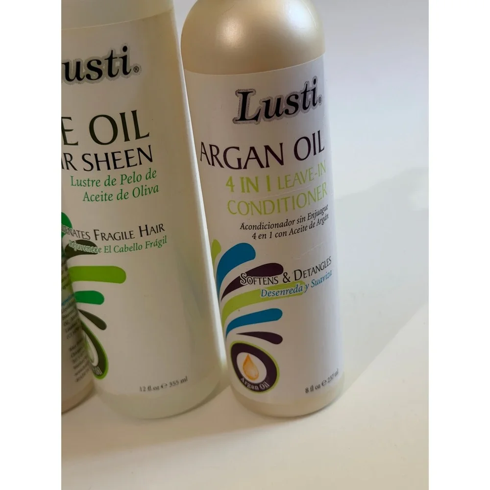 Lusti Argan Oil Leave-In Conditioner 8oz & Olive Oil Hair Sheen 12oz 3pc Set